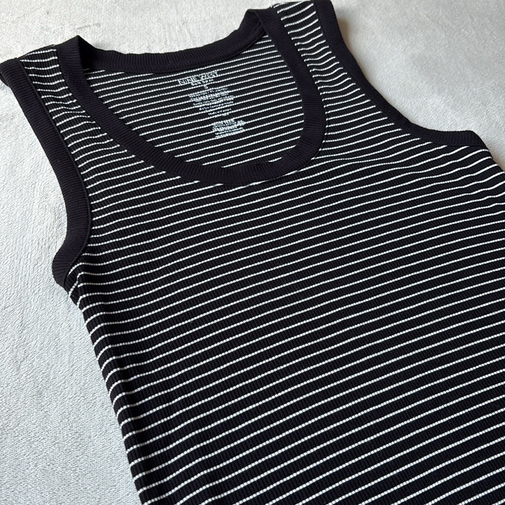 Nine West Fitted Rib Tank Top Black and White Stripes Small